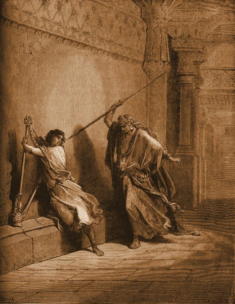 Gustave Doré engraving: saul and david.