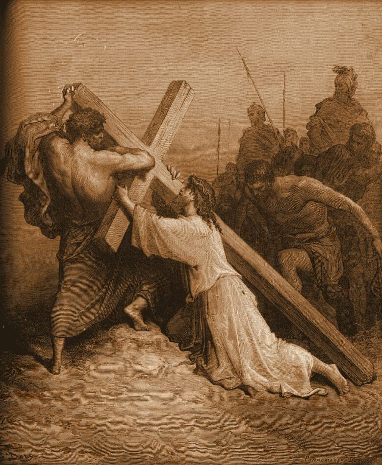 Gustave Doré engraving: christ fainting under the cross.