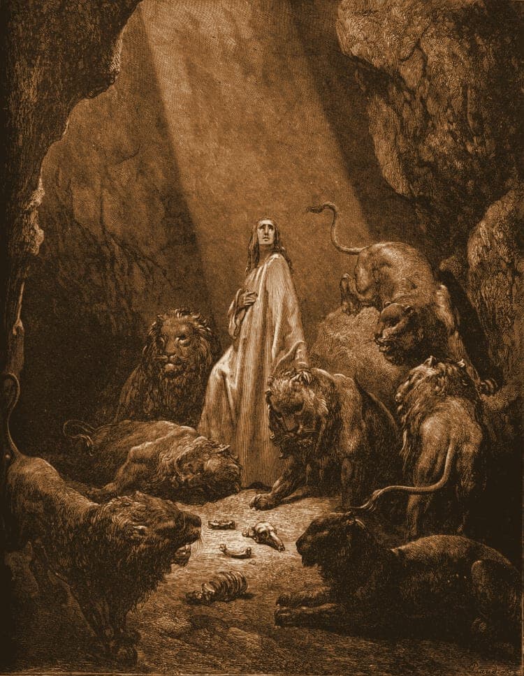 Gustave Doré engraving: daniel in the lions' den.