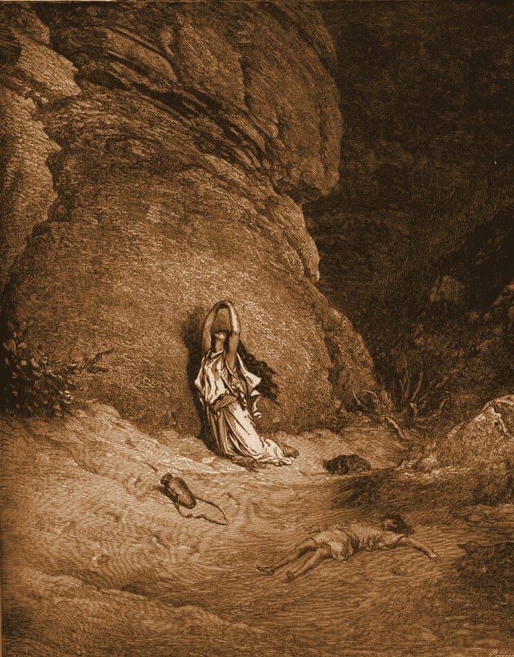 Gustave Doré engraving: hagar in the wilderness.