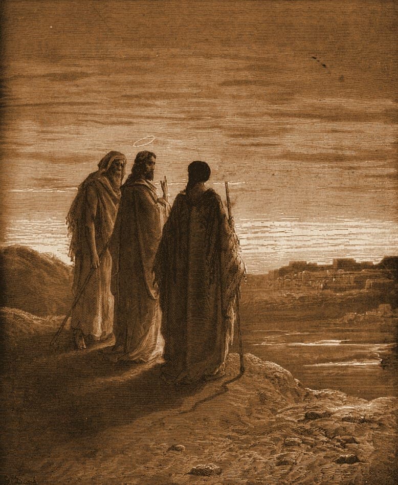 Gustave Doré engraving: the journey to emmaus.